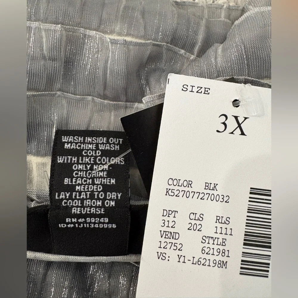 MAGGIE BARNES 3X NWT Silver Metallic Black V Neck Top 3/4 Sleeve Pleated Ruffle - Picture 10 of 15